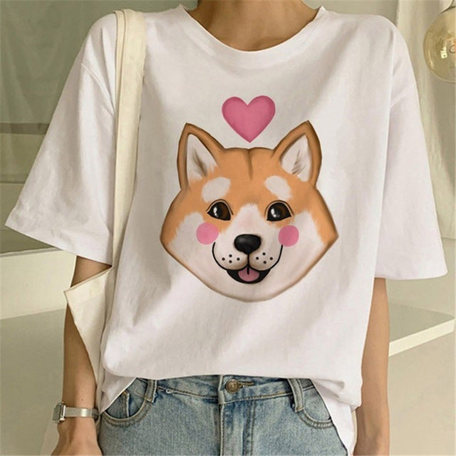 Fashionable and Cute Shiba Inu Print T-shirt