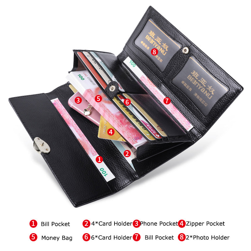 Lychee Pattern First Layer Cowhide Women's Long Wallet