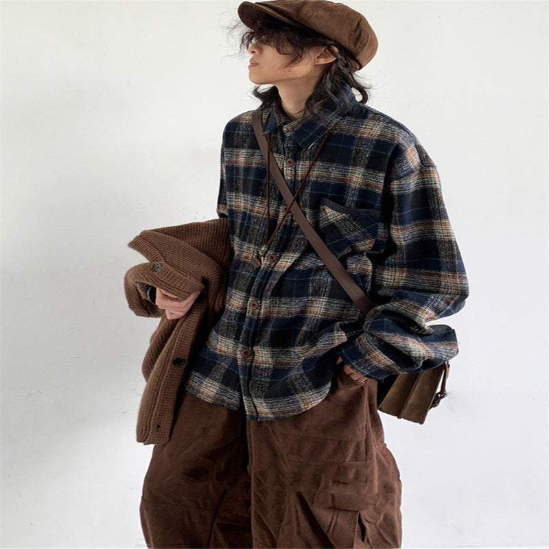 Retro College Style Woolen Plaid Shirt For Boys And Girls Loose Long Sleeve Shirt