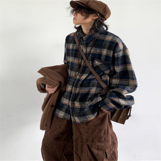 Retro College Style Woolen Plaid Shirt For Boys And Girls Loose Long Sleeve Shirt
