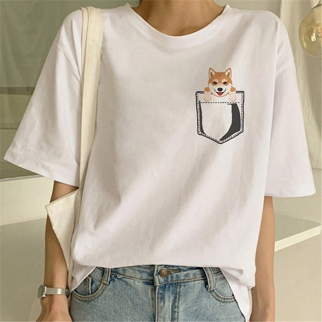 Fashionable and Cute Shiba Inu Print T-shirt