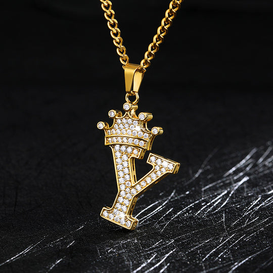 Crown Pendant Stainless Steel Letter Necklace