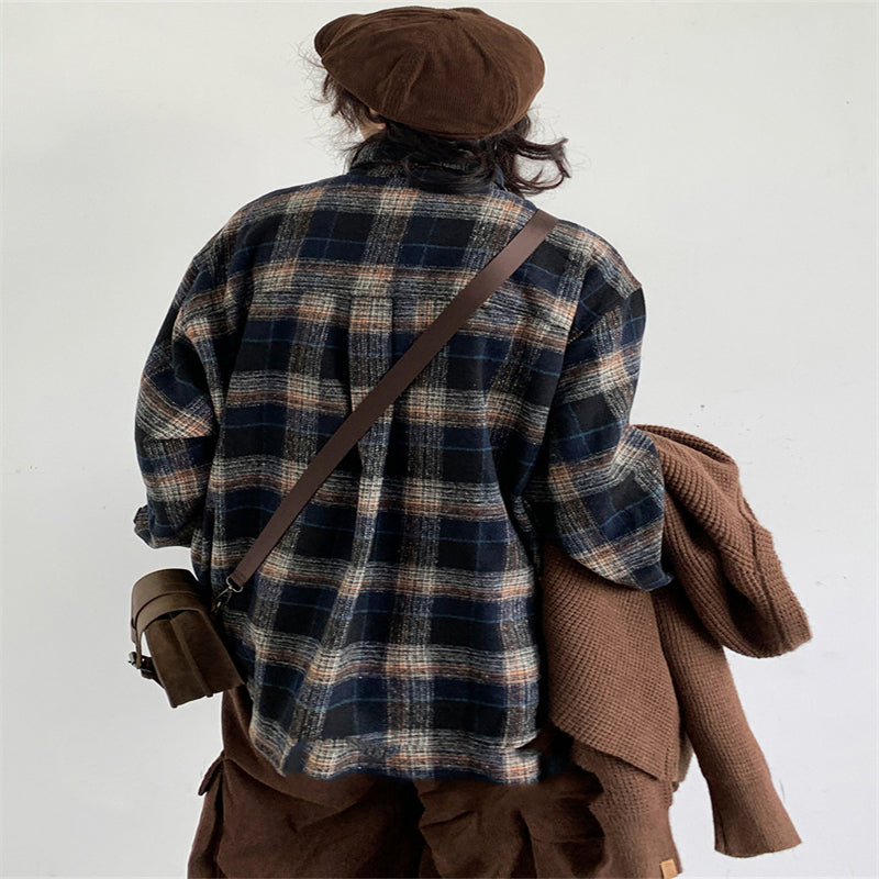 Retro College Style Woolen Plaid Shirt For Boys And Girls Loose Long Sleeve Shirt