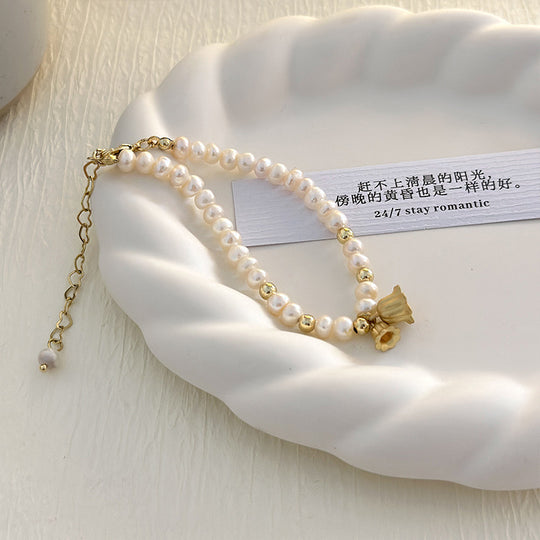 Natural Real Pearl Exquisite High Sense Lily Pendant Bracelet