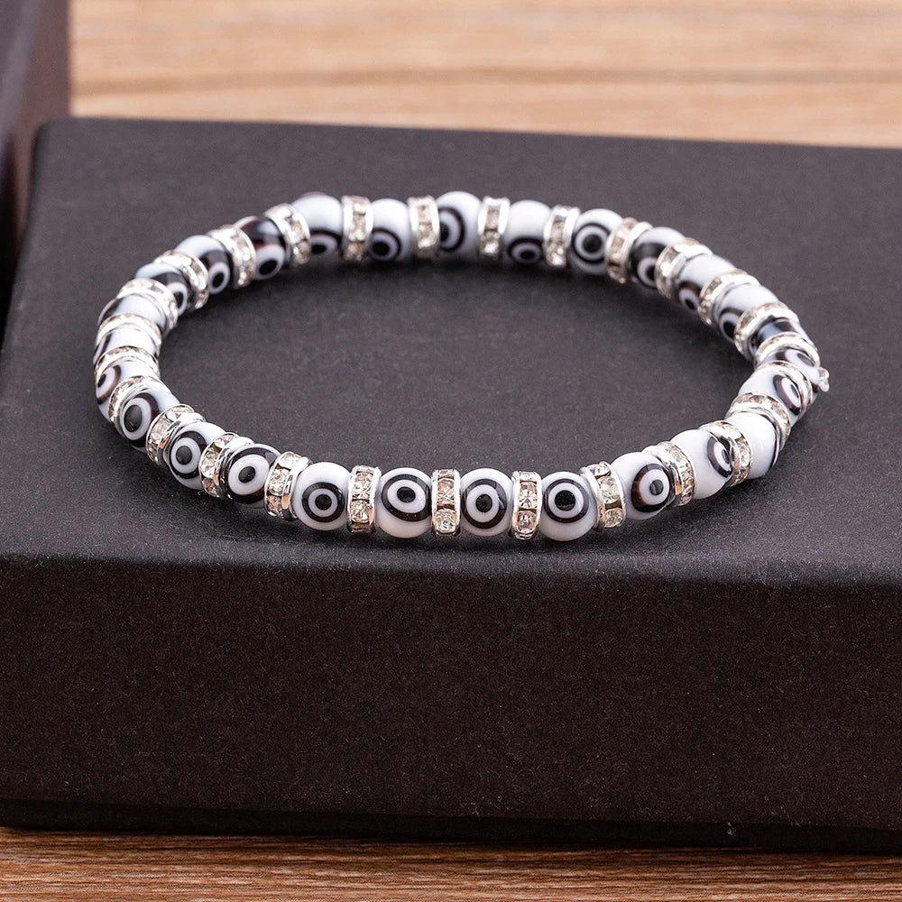 Nidin Hot Sale Lucky Evil Eye Handmade Elastic Rope Bracelets Glass Beads And 6MM Crystal 8 Colors Fine Party Adjustable Jewelry