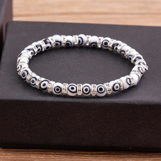 Nidin Hot Sale Lucky Evil Eye Handmade Elastic Rope Bracelets Glass Beads And 6MM Crystal 8 Colors Fine Party Adjustable Jewelry