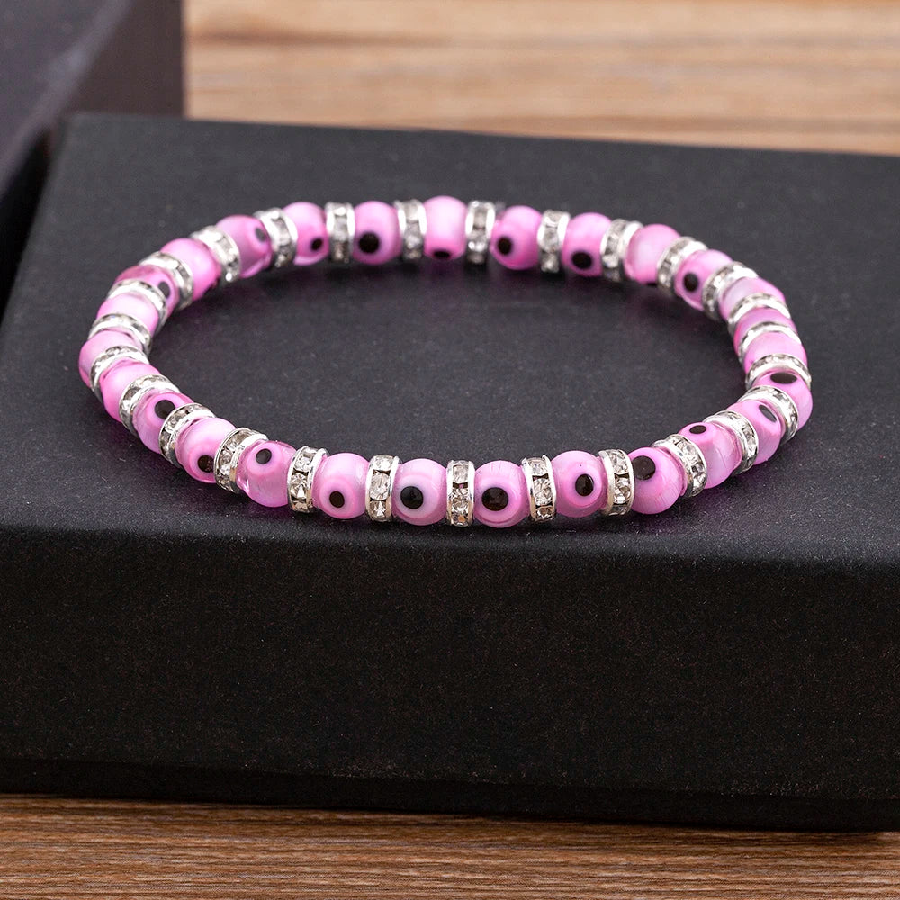 Nidin Hot Sale Lucky Evil Eye Handmade Elastic Rope Bracelets Glass Beads And 6MM Crystal 8 Colors Fine Party Adjustable Jewelry