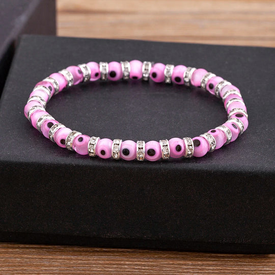 Nidin Hot Sale Lucky Evil Eye Handmade Elastic Rope Bracelets Glass Beads And 6MM Crystal 8 Colors Fine Party Adjustable Jewelry