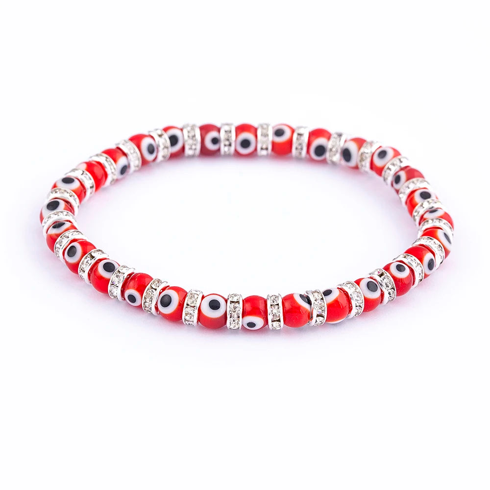 Nidin Hot Sale Lucky Evil Eye Handmade Elastic Rope Bracelets Glass Beads And 6MM Crystal 8 Colors Fine Party Adjustable Jewelry