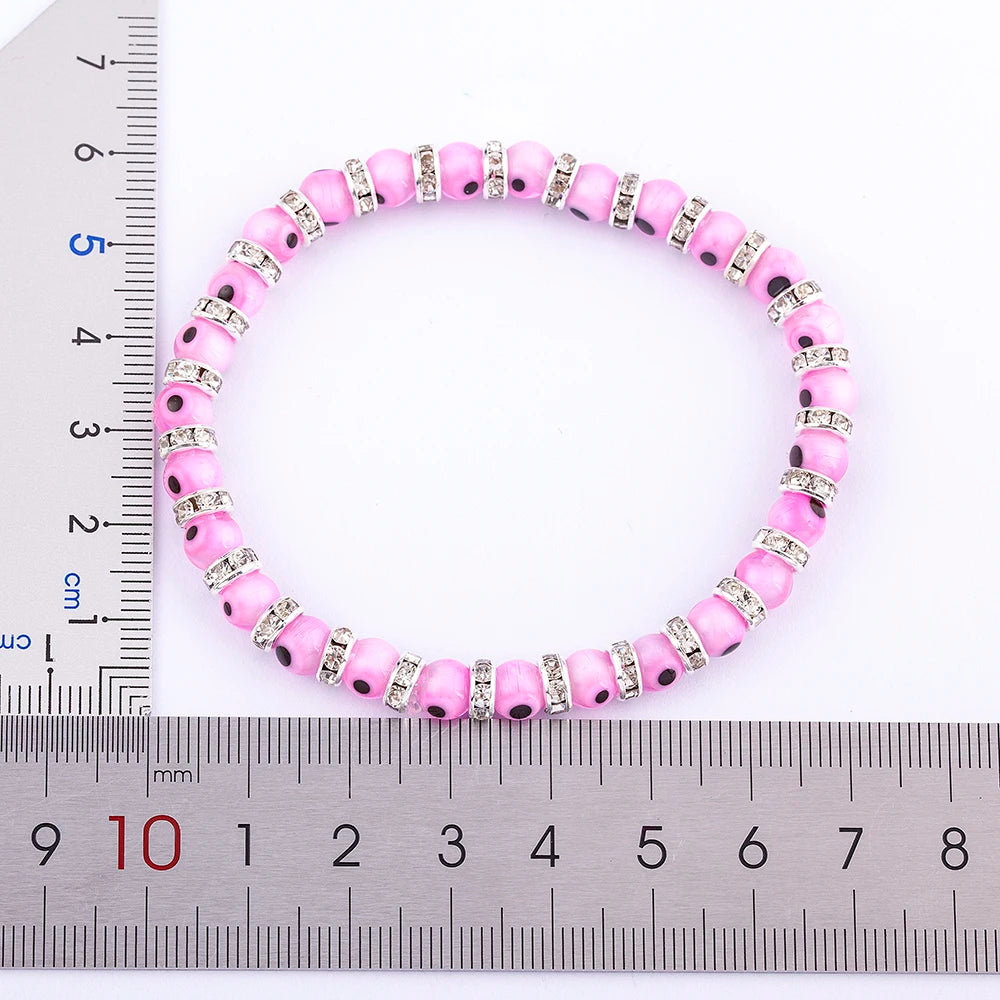 Nidin Hot Sale Lucky Evil Eye Handmade Elastic Rope Bracelets Glass Beads And 6MM Crystal 8 Colors Fine Party Adjustable Jewelry