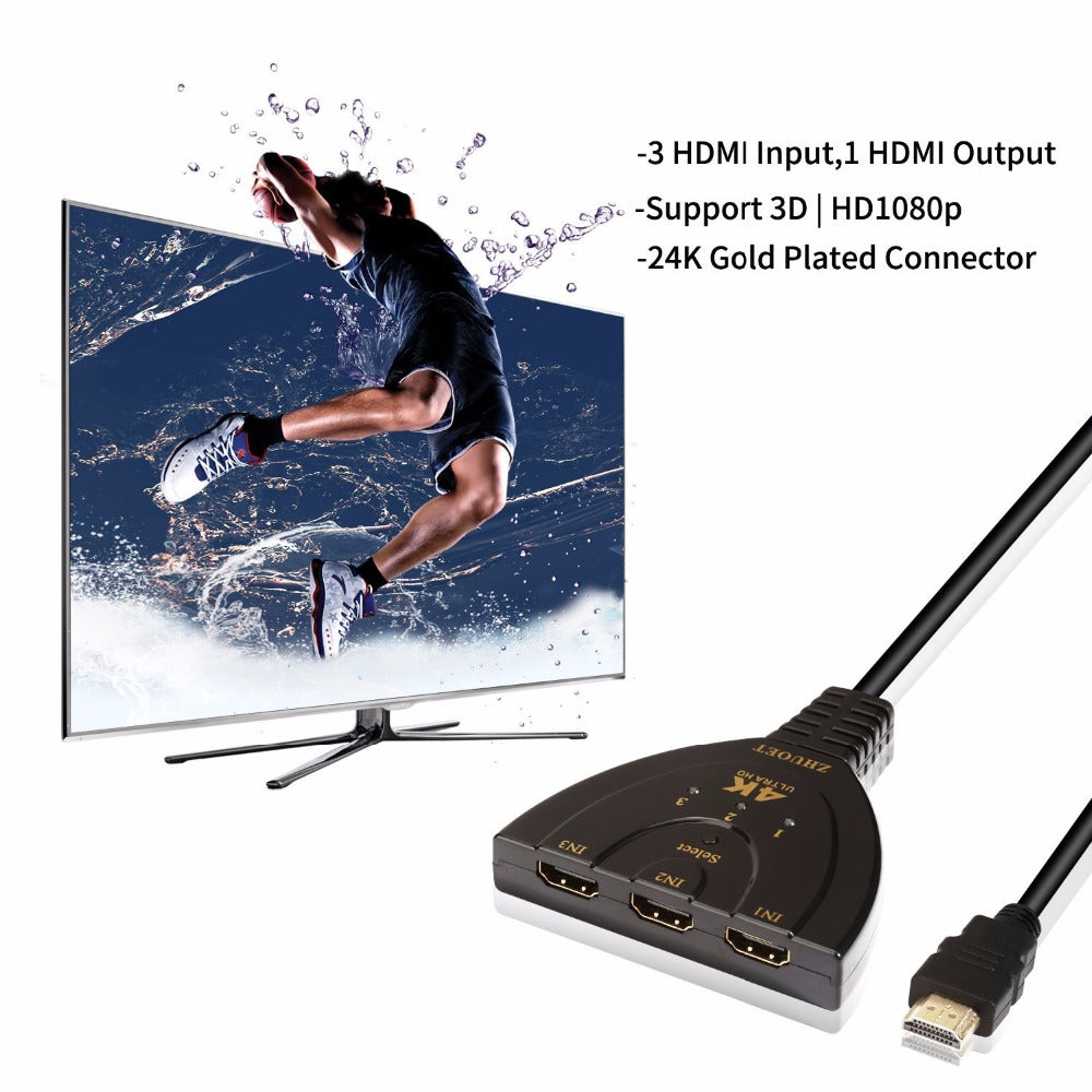 3 Port 4K HDMI 2.0 Cable Auto Splitter Switcher 3x1 Adapter HUB 3D 3 To 4K 2K 3D Mini 3 Port HDMI-compatible - The General Ecommerce Store