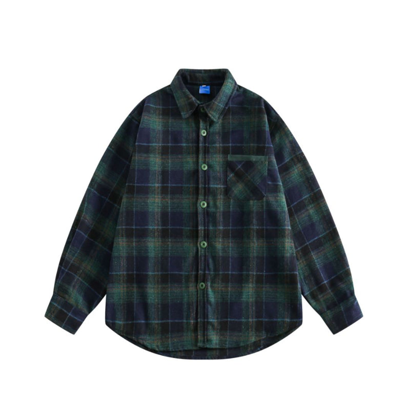 Retro College Style Woolen Plaid Shirt For Boys And Girls Loose Long Sleeve Shirt