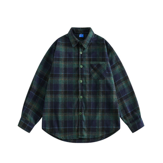 Retro College Style Woolen Plaid Shirt For Boys And Girls Loose Long Sleeve Shirt