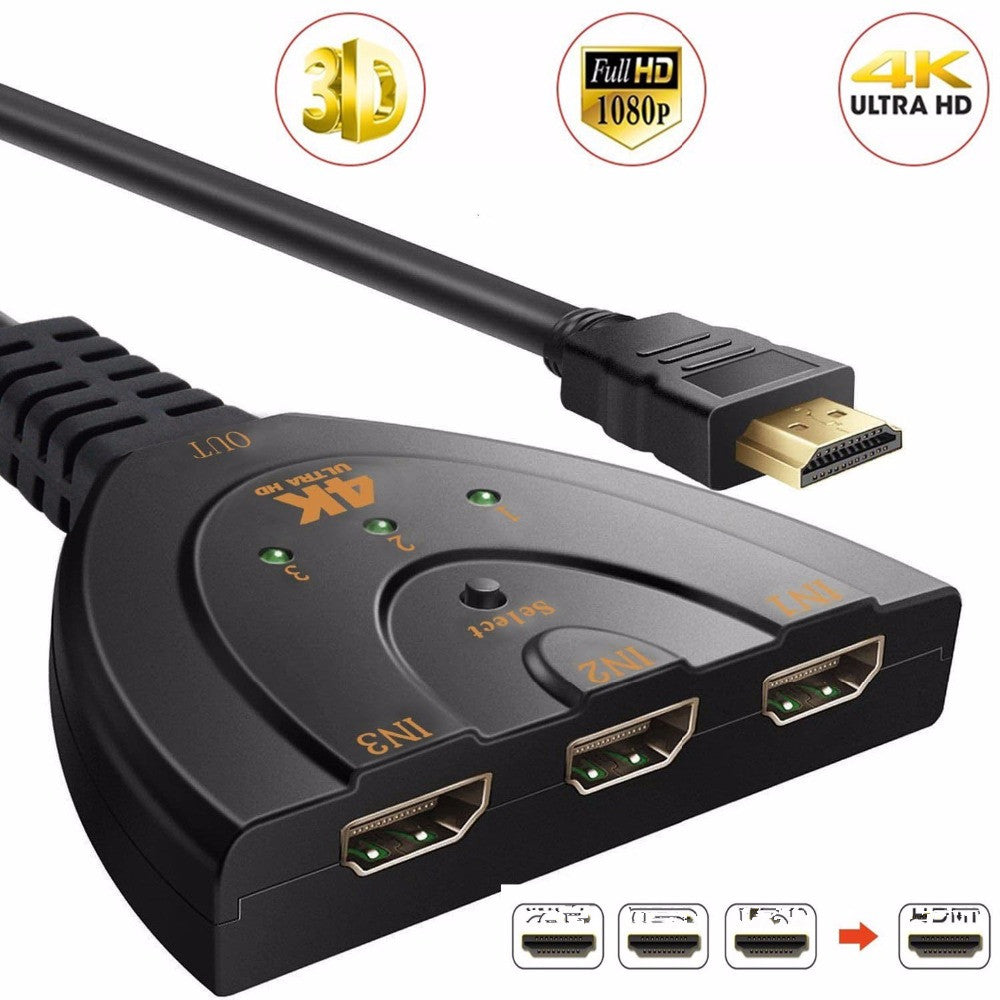 3 Port 4K HDMI 2.0 Cable Auto Splitter Switcher 3x1 Adapter HUB 3D 3 To 4K 2K 3D Mini 3 Port HDMI-compatible - The General Ecommerce Store