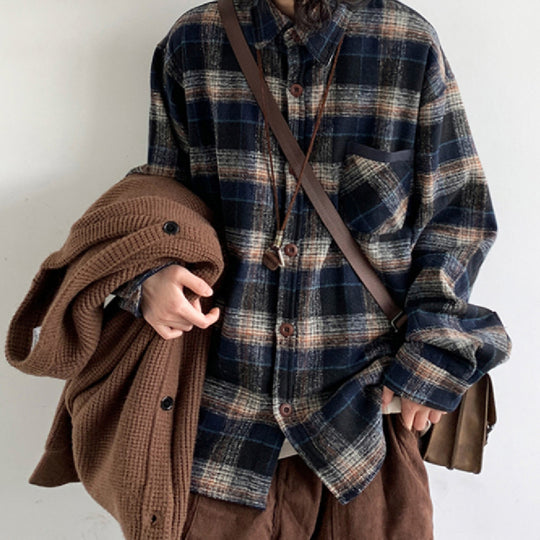 Retro College Style Woolen Plaid Shirt For Boys And Girls Loose Long Sleeve Shirt