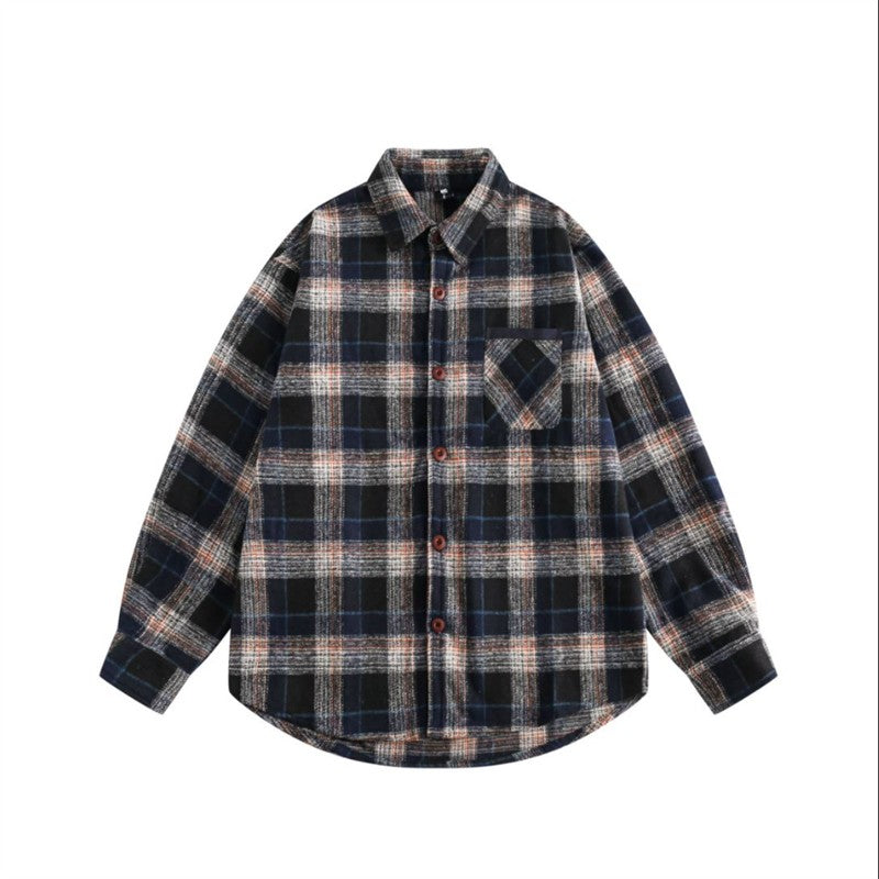 Retro College Style Woolen Plaid Shirt For Boys And Girls Loose Long Sleeve Shirt