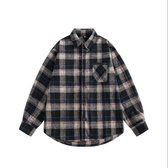 Retro College Style Woolen Plaid Shirt For Boys And Girls Loose Long Sleeve Shirt
