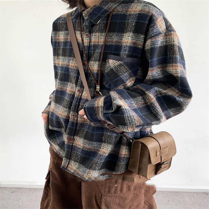 Retro College Style Woolen Plaid Shirt For Boys And Girls Loose Long Sleeve Shirt